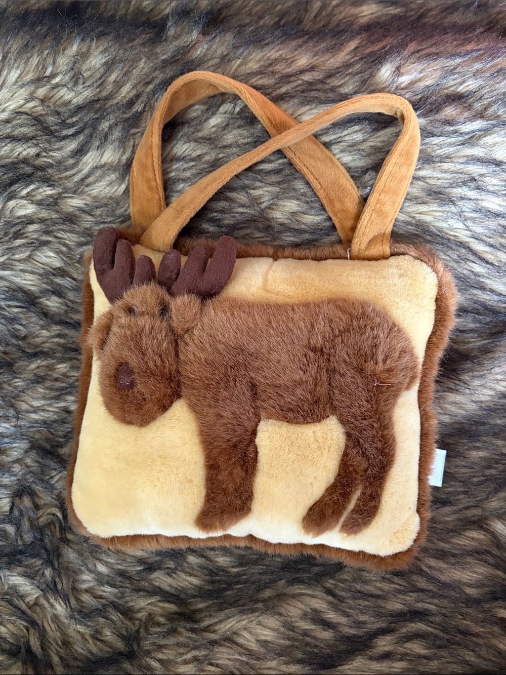 Plush Brown Moose Kids Handbag 10” - Soft Tan & Brown